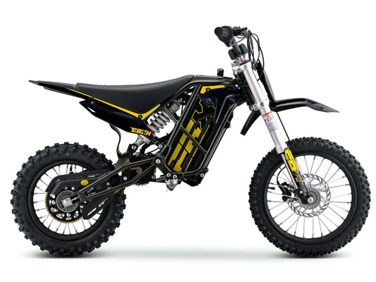 Black and gold eMOTO Ebox V3 60 R electric bike, side view, showcasing sleek design and modern frame.