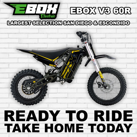 eMOTO Ebox V3 60 R electric bike in black and gold, side view, against a plain background