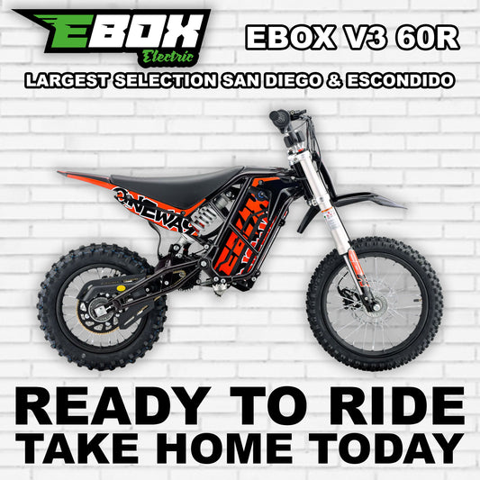 Red eMOTO Ebox V3 60 R electric bike, side view, with R2R Oneway branding