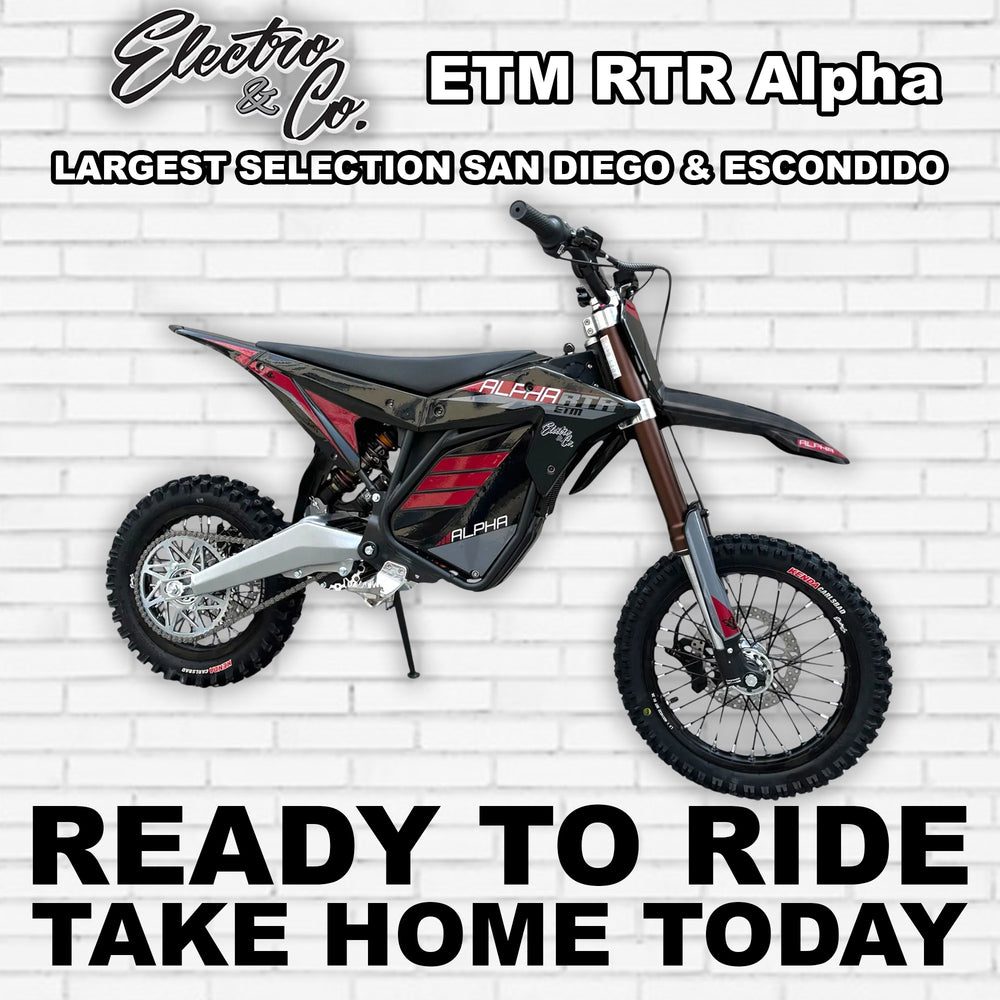 Black eMOTO Electro & Co RTR Alpha electric motorcycle, side view, on a white background