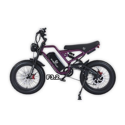 eMOTO GHOSTCAT F3.2 electric bike in dark purple, shown in its box with product packaging, model In Box Purple, barcode 810206240663