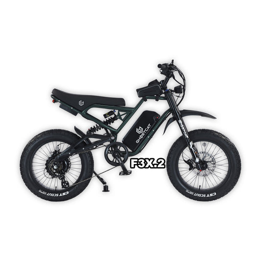 eMOTO GHOSTCAT F3X.2 Pro electric bike in Army Green, shown in box, product image, UPC 810206240694