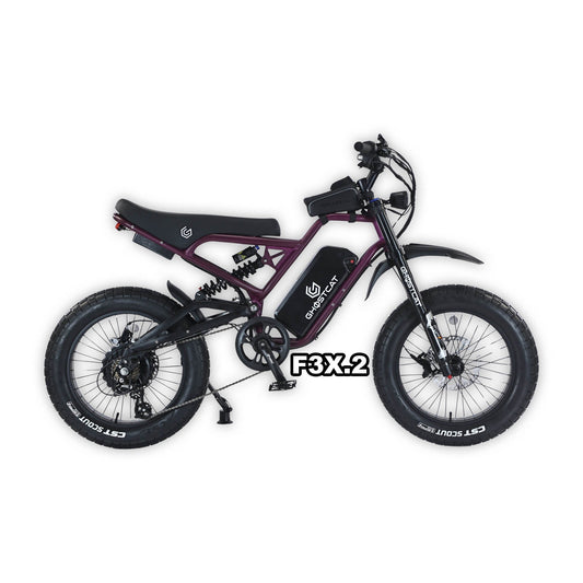 eMOTO GHOSTCAT F3X.2 Pro electric bike in dark purple, shown in its box with packaging, product image labeled "In Box Purple 4"