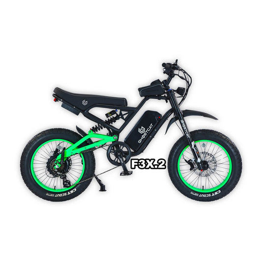 eMOTO GHOSTCAT F3X.2 Pro electric bike in neon green, shown in its box with packaging, product image labeled "In Box Green 1"
