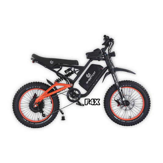eMOTO GHOSTCAT F4X Pro electric bike in burnt orange, shown in box with packaging, product label visible, model number 810206240786