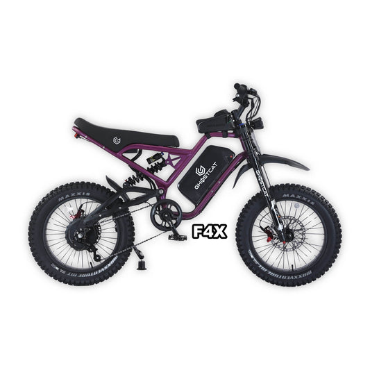 eMOTO GHOSTCAT F4X Pro electric bike in dark purple, shown in its box with packaging, product image labeled "In Box Purple 1"