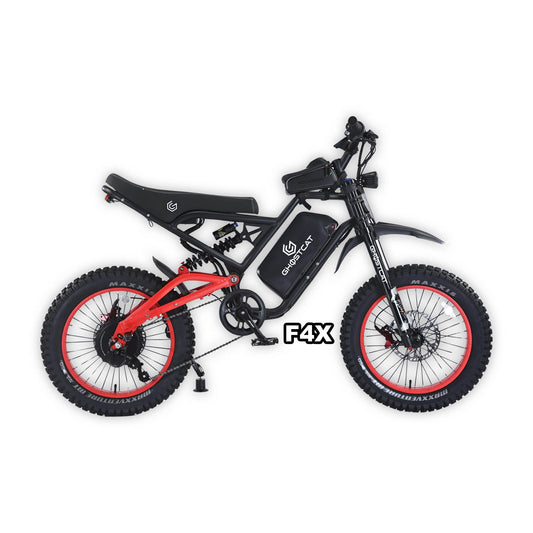 eMOTO GHOSTCAT F4X Pro electric bike in red, shown in its box, product image, barcode 810206240816