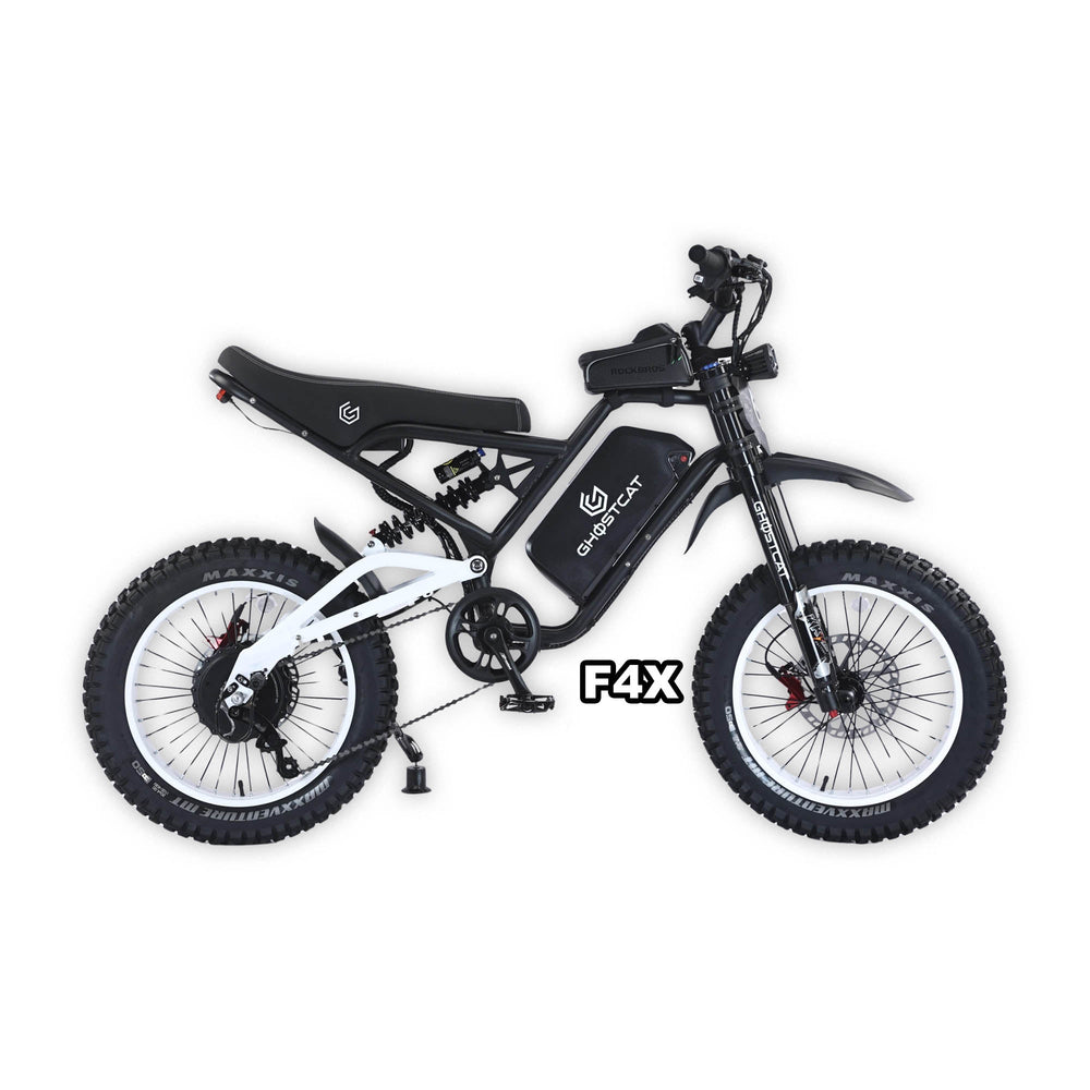 eMOTO GHOSTCAT F4X Pro electric bike in white, shown in its original box with product packaging, model number 810206240779