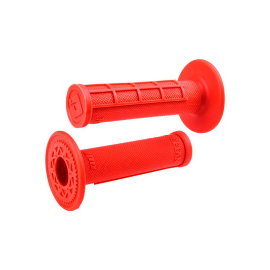 Red eMOTO ODI half waffle motorcycle grips, product image showing one red grip