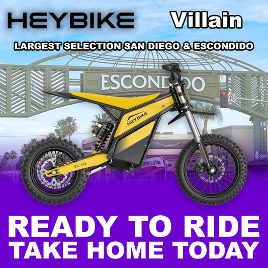 Heybike Villain electric bike in yellow, side view, ready to ride