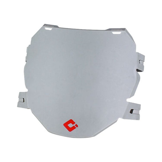 Grey ODI eMOTO downhill number plate, product image showing the front view of the plate with a sleek, modern design.