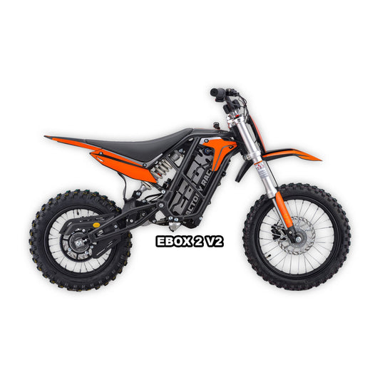 eMOTO Stomp Ebox 2.0 V2 electric bike in orange, shown in its box with packaging, product image, SKU 810206240366