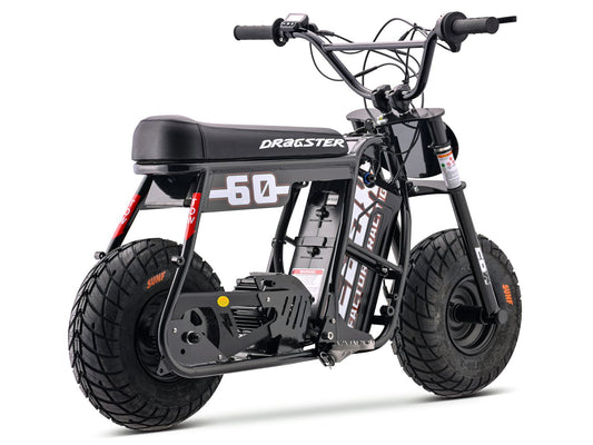 Black eMOTO Stomp Ebox Dragster 60 electric bike, ready to ride, side view against a plain background
