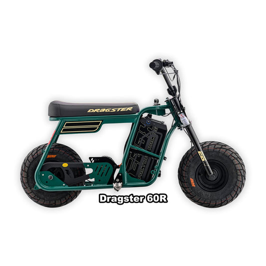 eMOTO Stomp Ebox Dragster 60 R electric bike in green, shown in its box