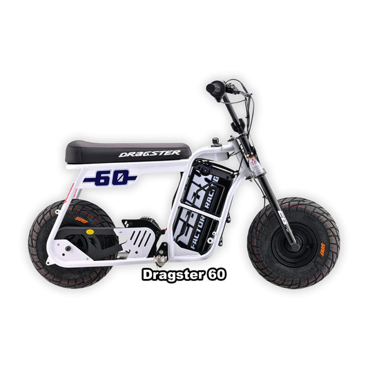 eMOTO Stomp Ebox Dragster 60 electric bike in white, shown in its box