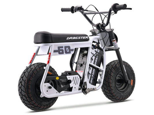 White eMOTO Stomp Ebox Dragster 60 electric bike, ready to ride, side view against a plain background