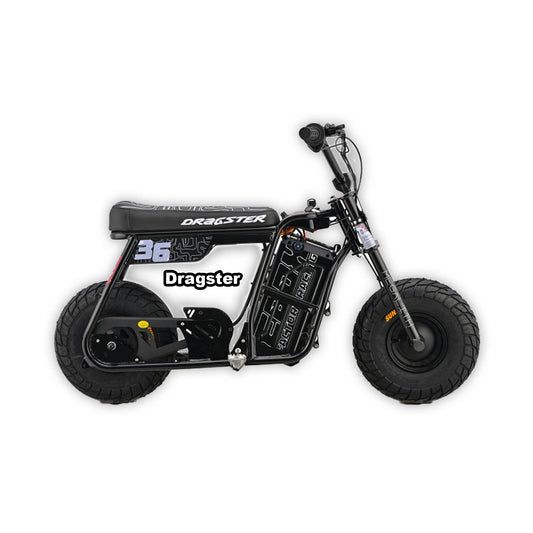 eMOTO Stomp Ebox Dragster electric bike in black, shown in its box with product packaging, model number 810206240328