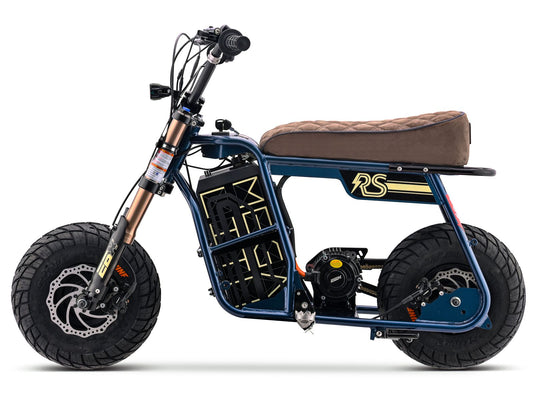 Electric dirt bike eMOTO Stomp Ebox Dragster RS in side view, featuring knobby tires and modern motocross styling.