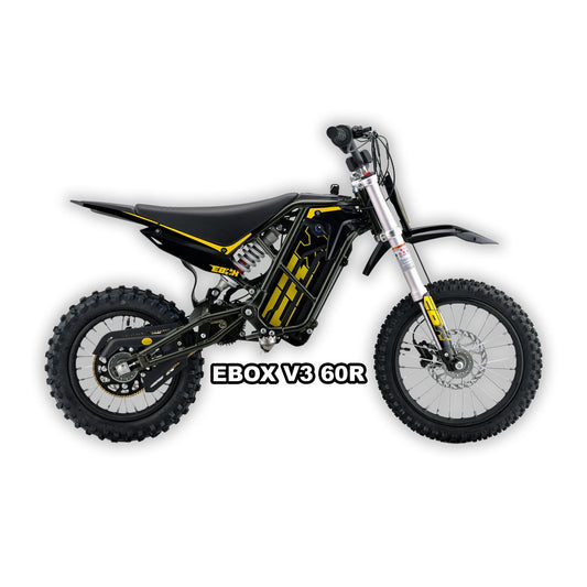 eMOTO Stomp Ebox V3 60 R electric bike in black and gold, shown in its box