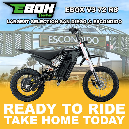 Black eMOTO Stomp Ebox V3 72 RS electric bike, side view, ready to ride, against a plain background