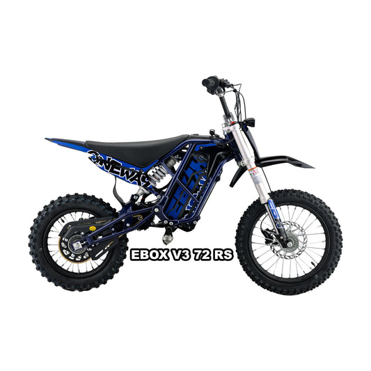 eMOTO Stomp Ebox V3 72 RS electric bike in Oneway Blue color, shown in its box with packaging, product image