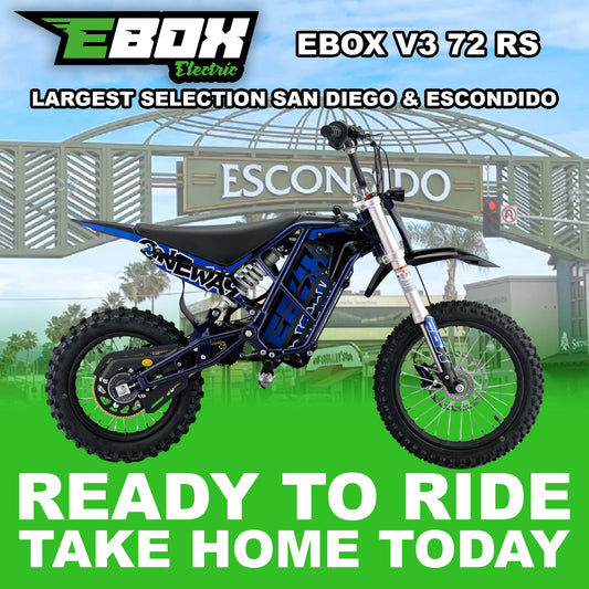 Electric dirt bike eMOTO Stomp Ebox V3 72 RS in Oneway Blue color, side view, ready to ride, against a plain background.