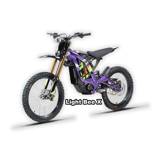 Purple Surron Light Bee X electric bike in its box, unopened, product image.