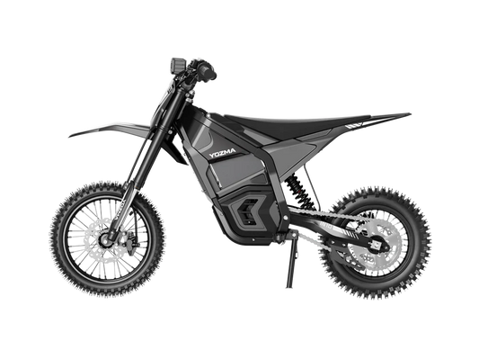 Side view of the eMOTO Yozma IN 10 electric scooter in a studio setting, showcasing its sleek black frame, wide tires, and ergonomic seat design.