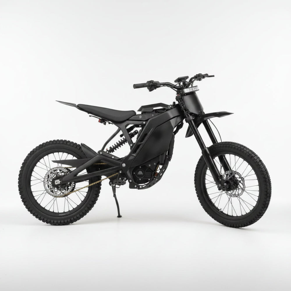 Black eMOTO Eride Pro 4.0 electric bike, side view, showcasing frame design and components.