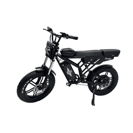 Electric fat tire bike, eMOTO Freego Shotgun F2 Pro Max Prime, side view, black frame, thick tires, front suspension, and battery pack visible.