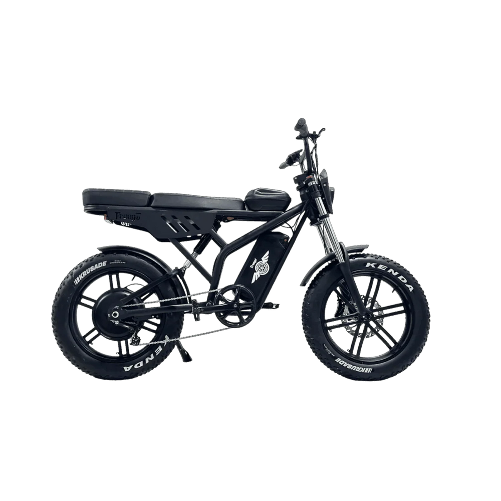 Side view of the eMOTO Freego Shotgun F2 Pro Max Prime electric fat tire bike, showcasing its thick tires, sturdy frame, and battery compartment.