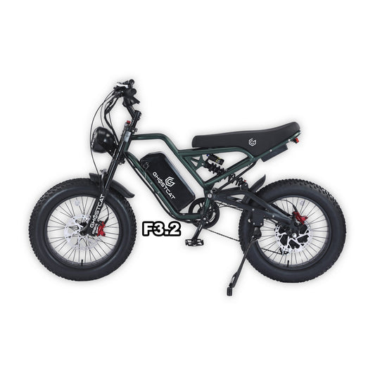 eMOTO Ghostcat F3.2 electric bike in army green, displayed in its product box packaging