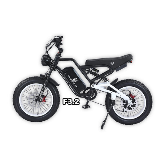 Black and white product image of the eMOTO Ghostcat F3.2 electric bike in its box, showing packaging and branding.