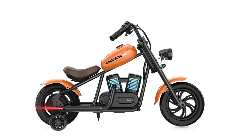 Orange eMOTO Hyper Gogo Challenger 12 Plus electric bike with training wheels