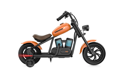 Orange eMOTO Hyper Gogo Challenger 12 Plus electric bike with training wheels