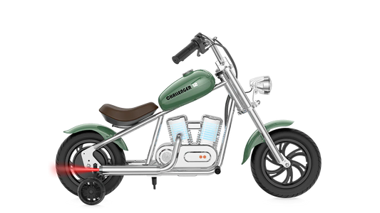 Green eMOTO Hyper Gogo Challenger 12 Plus electric bike with training wheels, shown in profile, featuring app connectivity