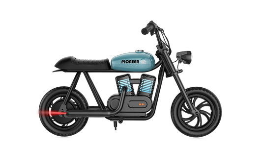 Blue eMOTO Hyper Gogo Pioneer 12 Plus electric bike without training wheels, side view
