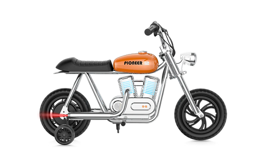 Orange eMOTO Hyper Gogo Pioneer 12 Plus electric bike with training wheels, shown in side view, featuring app connectivity.
