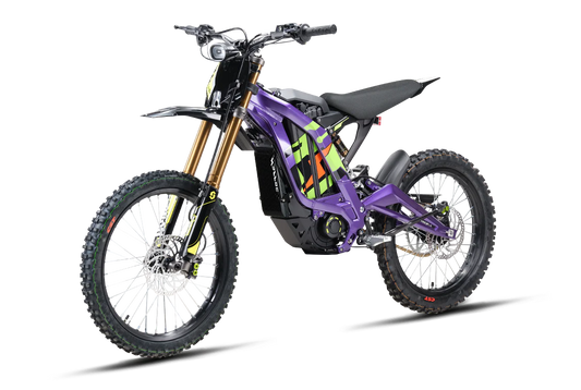Purple eMOTO Surron Light Bee X electric dirt bike, side view, on a white background