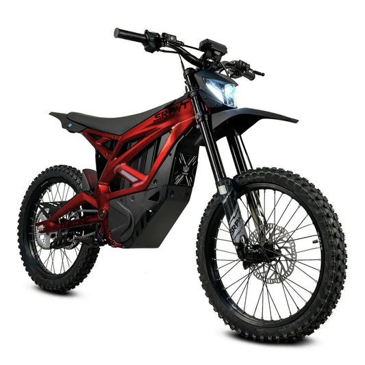 eMOTO Strike SRPNT X3 electric motorcycle in Diablo Red, side view, studio background