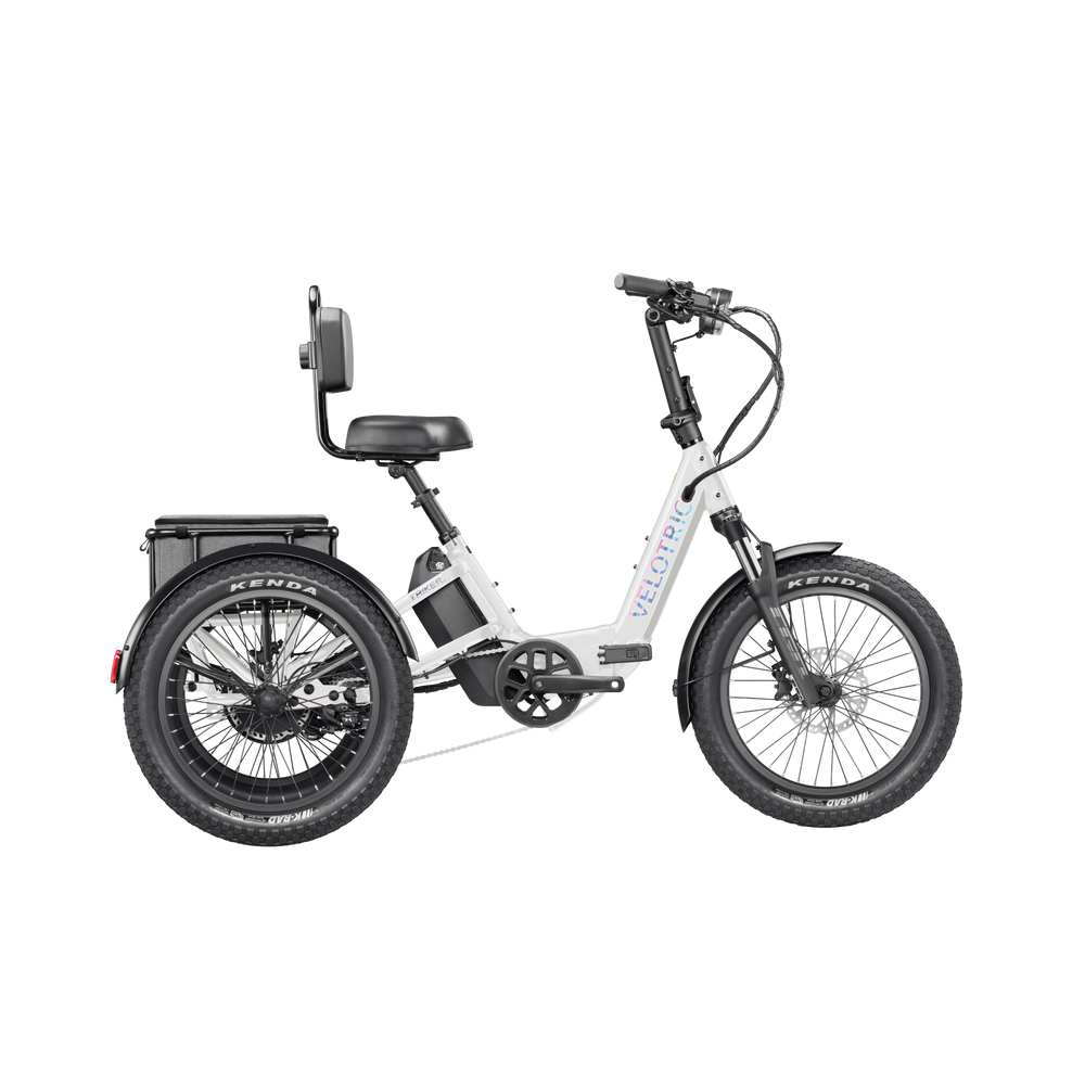 Pearl White Velotric Triker eTrike, side view, showcasing three wheels and modern design