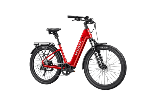 Side view of the Velotric Discover 3 eBike in a matte black finish, showcasing its step-through frame, integrated battery, rear rack, and front suspension fork.