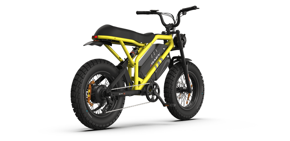 A black eMOTO RAEV Bullet GTX electric bike with a 1500W motor, dual suspension, and moto-style frame, shown from a side angle against a white background.