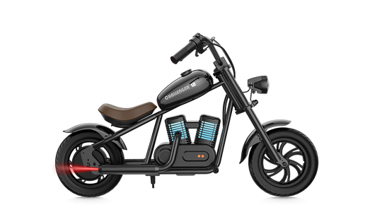 Black eMOTO Hyper Gogo Challenger 12 Plus electric bike without training wheels, side view on white background