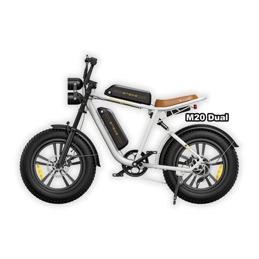 ENGWE M20 Dual Battery eMOTO eBike in white, shown in its box with packaging, product image, model number 810206241608
