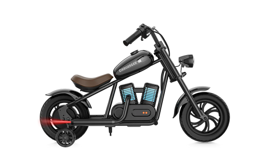 Black eMOTO Hyper Gogo Challenger 12 Plus electric bike with training wheels, side view