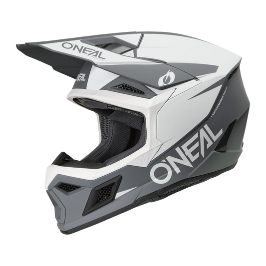 O'Neal 3 SRS eMOTO helmet in large size, black and cement color, front and side view