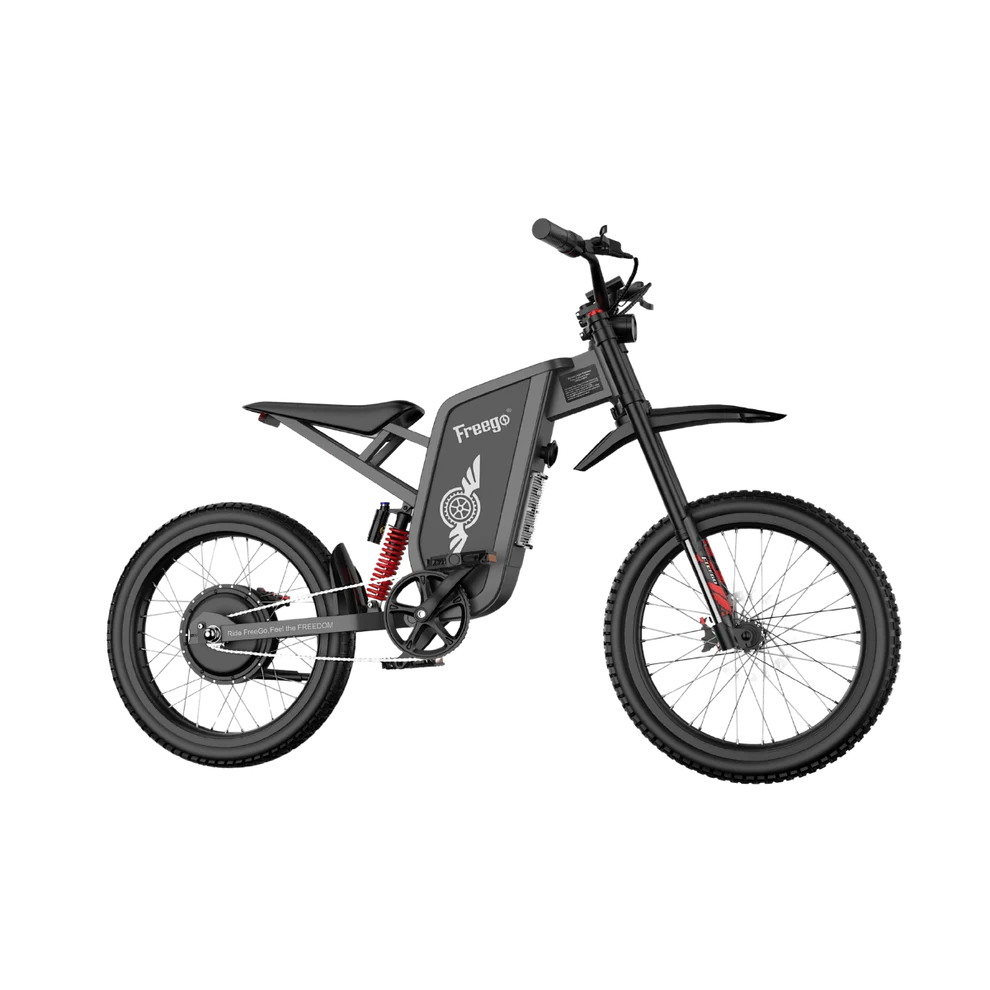 Freego X1 SE electric scooter, side view, black frame, standing on pavement with cityscape background
