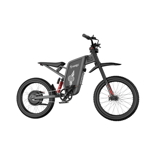 Freego X1 SE electric scooter, side view, black frame, standing on pavement with cityscape background