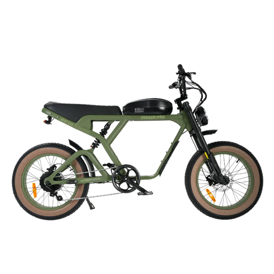 eMOTO eBike Revi Cougar Pro in Wild Green color, side view, displayed outdoors